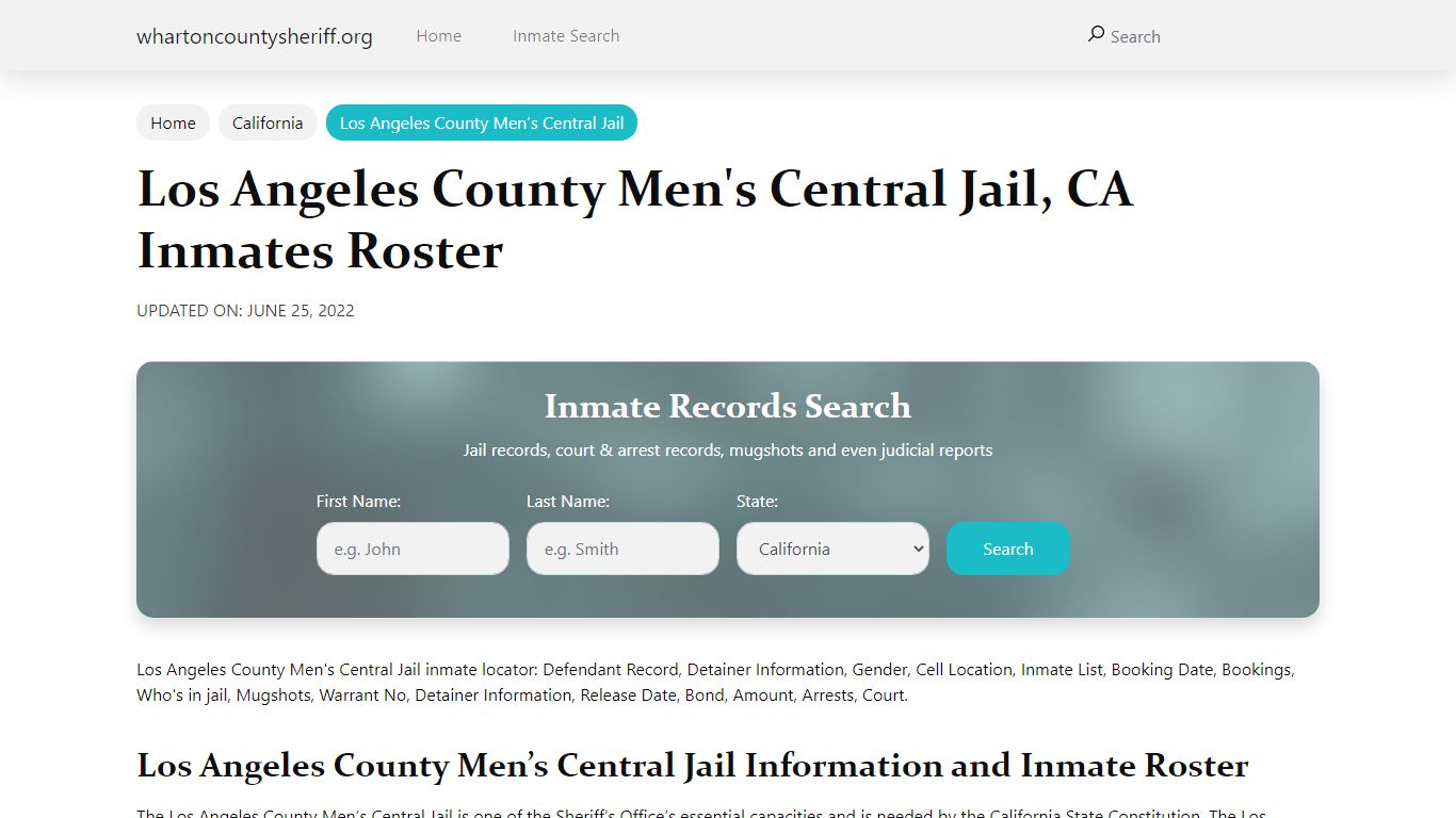 Los Angeles County Men's Central Jail , CA Inmates Roster